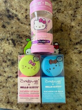 Hello Kitty Macaron Lip Balm and Blending Sponge Set - Pink, Lime Green, Blue